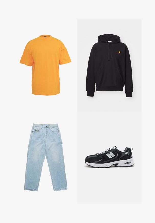 Schwarzer Kapuzenpullover aus Baumwollmischgewebe mit einer Fronttasche, verstellbarem Kordelzug und rotem gesticktem Logo mit einem gelben Bogen.; Oranges Baumwoll-T-Shirt mit rundem Halsausschnitt, kurzen Ärmeln und lockerer Passform. Keine Muster oder Akzente. Glatte Textur.; Hellblaue Jeans aus Denim mit lockerer Passform, Fünf-Taschen-Design und sichtbaren Nähten. Mit einem Markenetikett auf der Vordertasche.; Schwarze und graue Sportschuhe mit Obermaterial aus Mesh und Wildleder, ausgestattet mit einer weißen Zwischensohle, Schnürsenkeln und einem markanten "N"-Logo an der Seite.