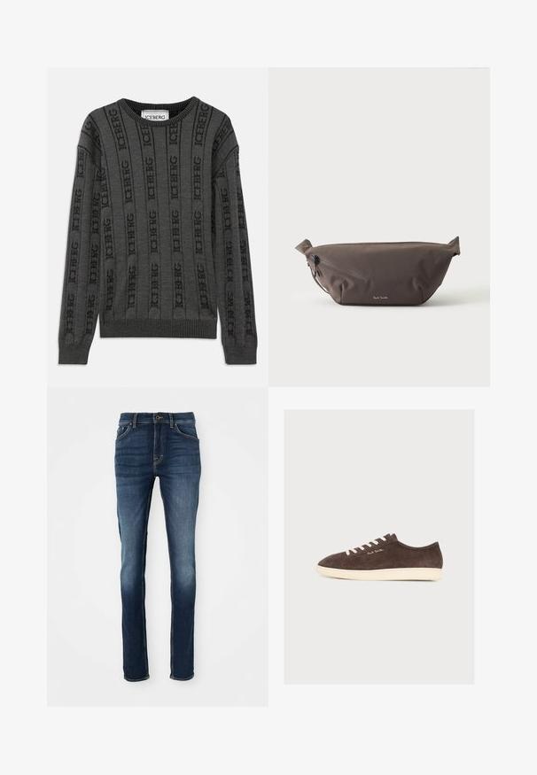Grijze gebreide trui met verticale ribbeling van het "ICEBERG" logo, ronde hals, en ribgebreide manchetten en onderkant. Gemaakt van een zachte stof met een gestructureerde afwerking.; Donkerblauwe denim jeans met een slim fit, voorzien van vijf zakken, gouden stiksels en een licht vervaagde voorkant voor een casual uitstraling.; Donkerbruine suède lage sneaker met witte veters, crèmekleurige zool en "Paul Smith" geborduurd aan de zijkant, getoond in profiel op een effen achtergrond.; Donkerbruine stoffen heuptas met diagonale ritssluiting en klein wit logo aan de voorkant, tegen een effen lichte achtergrond.