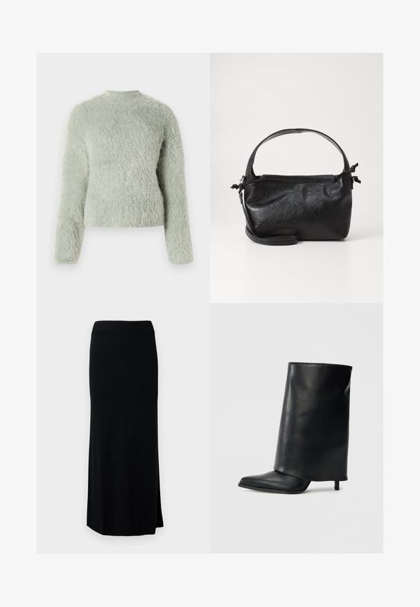 Fuzzy lys grøn sweater med lange ærmer, høj halsudskæring og en blød tekstureret overflade, der har en afslappet pasform og minimalistisk design.; Sort, lang, strikket nederdel med en sideslids. Har en strækbar talje og en glat tekstur. Enkel, tætsiddende design. Ingen synlige mønstre eller detaljer.; Sort læderankelstøvle med et struktureret, ombukket design, spids tå og en tynd hæl. Glat tekstur med minimalt detaljer.; Sort læderhåndtaske med et struktureret design, rund tophåndtag og aftagelig skulderrem. Den har en glat tekstur og en subtil glans.