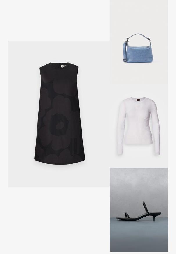 Hvid langærmet top lavet af ribstrikket stof; har rund halsudskæring og tætsiddende design med subtil tekstur og sømdetaljer.; Sort ærmeløs kjole med et blomsterprint i varierede nuancer af sort. Rund halsudskæring og A-formet silhuet med lynlåslukning i ryggen.; Sort Calvin Klein sandal med hæl og tynde stropper, balancerende på træfliser udendørs nær en væg og grønne planter.; Lyseblå taske med krokodillepræg, kort håndtag og aftagelig skulderrem. Glat tekstur med lynlås.