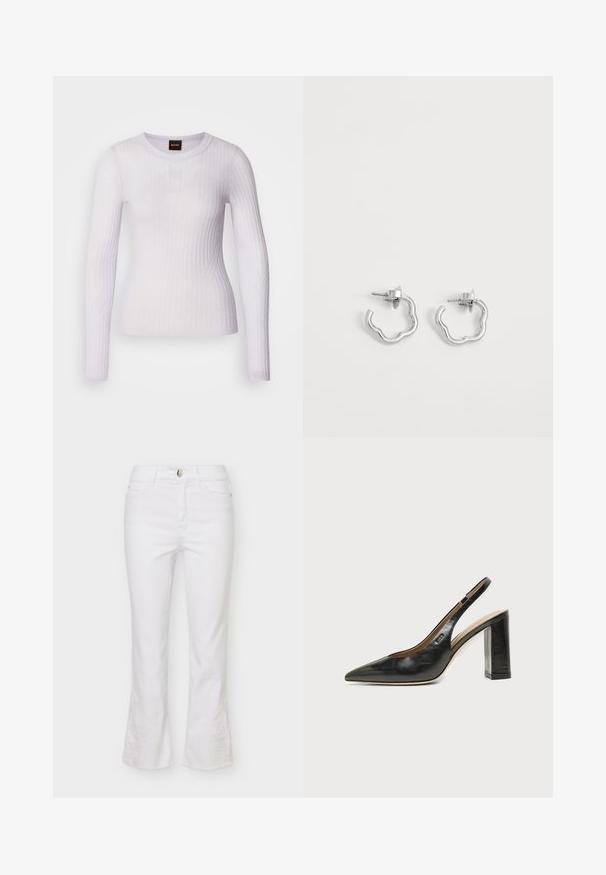 Haut blanc à manches longues en tissu côtelé ; doté d'un col rond et d'une coupe ajustée avec une texture subtile et des détails de coutures.; Jeans en denim blanc avec taille mi-haute, bouton et fermeture éclair à l'avant, cinq poches, et broderie florale discrète près des ourlets évasés.; Chaussure slingback en cuir noir à bout pointu avec un talon bloc haut et une doublure intérieure beige sur un fond clair uni.; Paire de petites boucles d'oreilles créoles en argent avec des formes ondulées irrégulières et des fermoirs à tétons sur fond blanc uni.