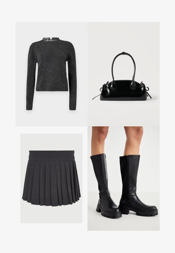 Mørkegrå sweater med lange ærmer, ribbet struktur og blondekantet halsudskæring. Stoffet virker blødt og let, velegnet til lag-på-lag. ; Grå plisseret nederdel med flad talje og lynlås, lavet af et struktureret stof med jævnt fordelte dybe plisseringer.; Sorte knæhøje støvler lavet af glat kunstlæder med en kraftig sål, lynlås i siden og design med rund tå.; Lille sort blank håndtaske med to lange håndtag og snøre-detaljer i siden på en ensfarvet lys baggrund.