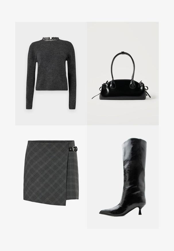 Suéter gris oscuro con mangas largas, textura acanalada y un cuello decorado con encaje. La tela parece suave y ligera, ideal para superponer.; Falda de lana a cuadros gris oscuro con detalle de hebilla negra en el lado derecho, dobladillo recto y un sutil patrón de líneas diagonales.; Bota negra de cuero brillante hasta la rodilla con punta puntiaguda y tacón bajo curvado sobre un fondo claro y liso.; Pequeño bolso negro brillante con dos asas largas y detalles de cordón lateral sobre un fondo claro liso.