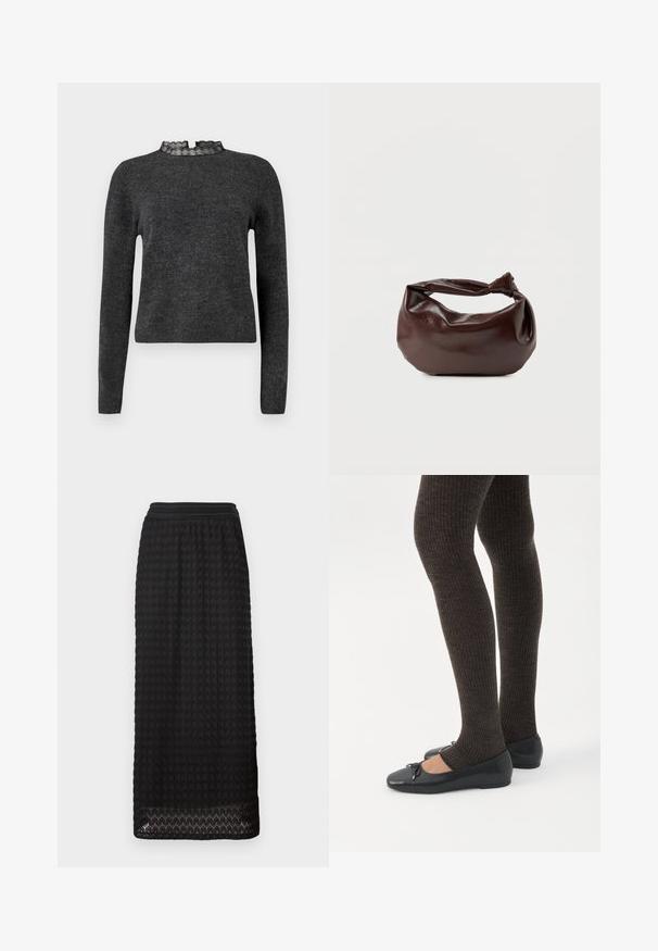 Mørkegrå sweater med lange ærmer, ribbet struktur og blondekantet halsudskæring. Stoffet virker blødt og let, velegnet til lag-på-lag. ; Sort midi-nederdel med et struktureret, honningkage mønster og et bredt elastisk taljebånd. Nederkanten har bølget detaljer for en ekstra design-effekt.; Ben iført mørke ribbede leggings kombineret med sorte balletsko med små sløjfedetaljer på hvid baggrund.; Mørkebrun læder skuldertaske med en blød, afslappet form og et snoet knudehåndtag på en ensartet hvid baggrund.
