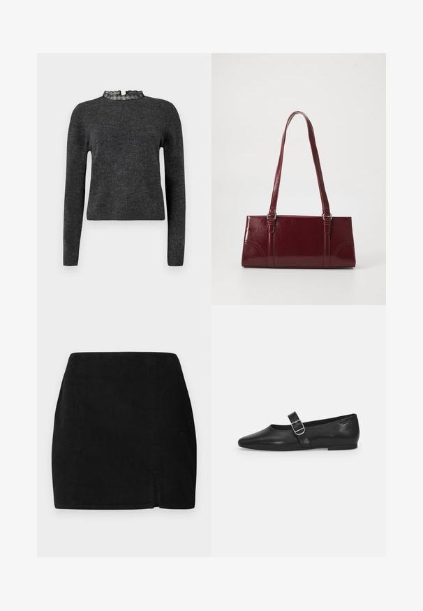Mørkegrå sweater med lange ærmer, ribbet struktur og blondekantet halsudskæring. Stoffet virker blødt og let, velegnet til lag-på-lag. ; Sort kordfløjlskørt med lige snit, en lille frontslids og tekstureret stof. Ingen synlige detaljer eller hardware.; Sorte læder flade sko med rund tå, et enkelt justerbart spænde og en glat, blank overflade. Minimalistisk design med en lav hæl.; Bordeaux håndtaske lavet af glansfuldt materiale, rektangulær form, med to skulderremme og subtile buede detaljer på forsiden.