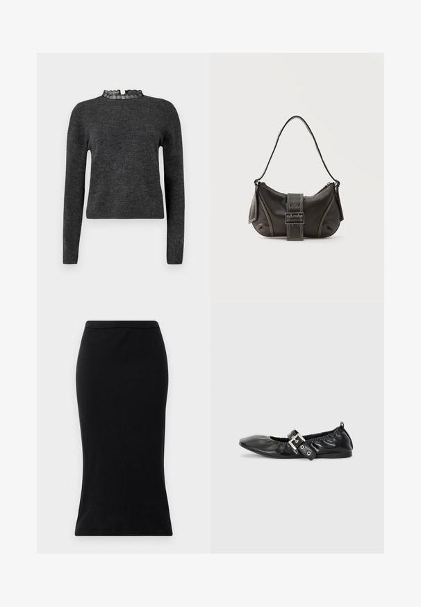Mørkegrå sweater med lange ærmer, ribbet struktur og blondekantet halsudskæring. Stoffet virker blødt og let, velegnet til lag-på-lag. ; Sorte højtaljede blyantskirt lavet af glat stof, med en tætsiddende silhuet og en ren, strømlinet kant uden dekorationer.; Sorte læder flade sko med spids tå, samling detaljer omkring åbningen, og en sølv spænde accent på den justerbare rem.; Sort læder skuldertaske med spænde på remmen, afrundede kanter og kontrasterende hvide syninger på en ensfarvet baggrund.