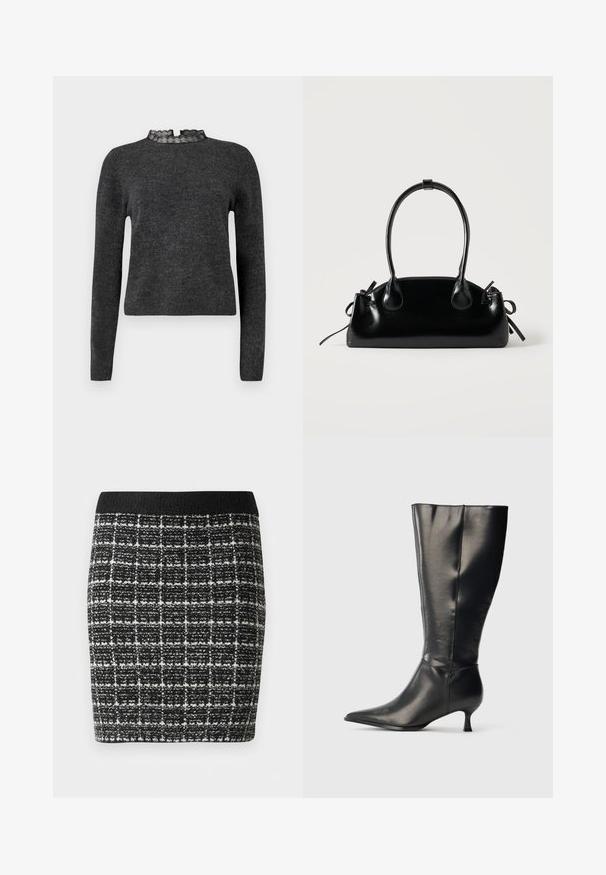 Mørkegrå sweater med lange ærmer, ribbet struktur og blondekantet halsudskæring. Stoffet virker blødt og let, velegnet til lag-på-lag. ; Sort-hvid ternet nederdel med et tekstureret stof, der har en sort talje og en tætsiddende silhuet.; Sort knæhøj læderstøvle med spids tå og lav kittenhæl, vist på en enkel lys baggrund.; Lille sort blank håndtaske med to lange håndtag og snøre-detaljer i siden på en ensfarvet lys baggrund.
