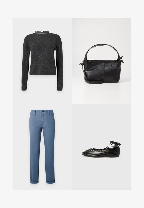 Pull gris foncé à manches longues, texture côtelée et décolleté avec dentelle. Le tissu semble doux et léger, idéal pour des superpositions.; Pantalons casual bleus avec fermeture à bouton, passants de ceinture, poches latérales et poignets aux chevilles sur fond blanc.; Ballerines en cuir verni noir avec un bout rond, un design à lacets et une semelle plate. Texture lisse avec peu de détails.; Sac à main en cuir noir au design structuré, avec une poignée arrondie et une bandoulière amovible. Présente une texture lisse et un éclat subtil.