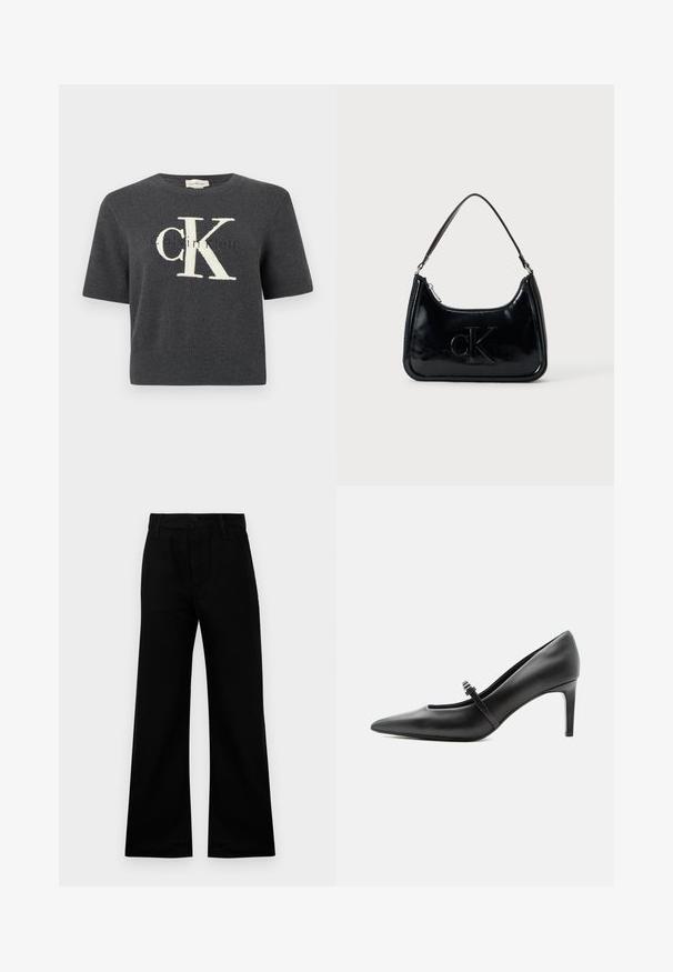 Grå kortærmet sweater med en stor hvid "CK"-logo foran, ribstrikket halsudskæring og kant forneden. Blød strikket tekstur.; Sorte bredbenede bukser lavet af glat stof med høj talje, prydet med knaplukning og bæltestropper, der tilbyder en struktureret pasform.; Sort læderspids højhælede sko med tynd rem og spænde over vristen, stående på en neutral lys baggrund.; Sort patentlæder håndtaske med et buet topgreb, lynlåsslukning og prægede "cK" logo på fronten. Glat tekstur, struktureret form.