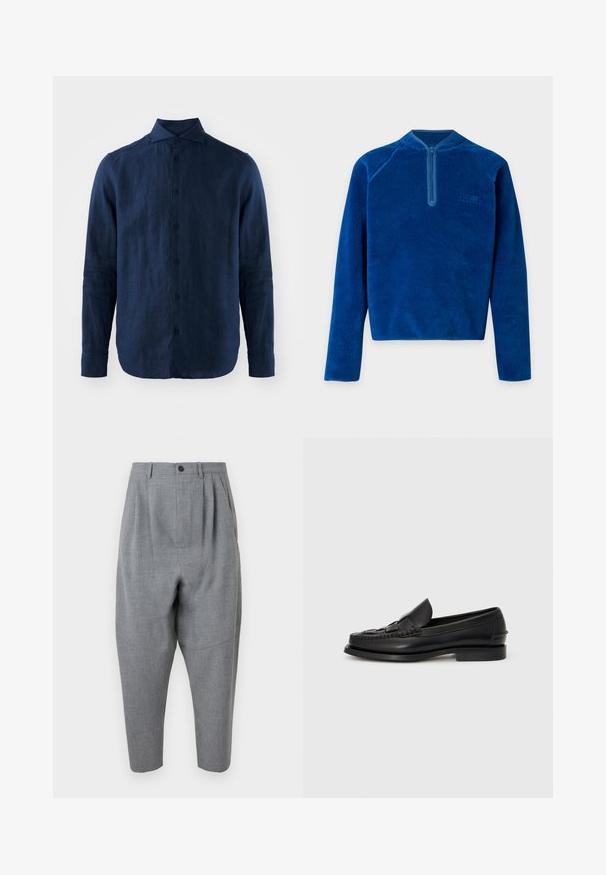 Langærmet blå fleece-pullover med kvart lynlås og subtilt broderet logo på brystet, vist fladt på hvid baggrund.; Mørkeblå linned skjorte med lange ærmer, spidse krave, front lukning med knapper og tekstureret stof. Rundet kant og knaplukning ved ærmerne.; Lysegrå højttaljede bukser med plisseringer, tilspidsede ben, sidelommer og en sort knaplukning ved taljen.; Sorte læderloafer med et vævet detaljer hen over fronten, rund tå og en lav hæl. Glat tekstur og minimalistisk design.