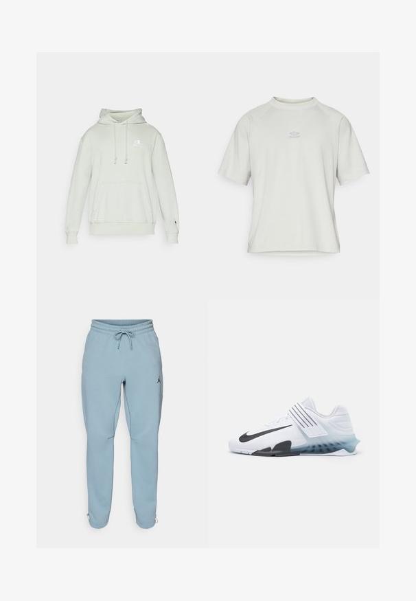 Sudadera verde claro hecha de una tela suave que cuenta con capucha ajustable, bolsillo delantero y logo bordado en el pecho. Puños y dobladillo acanalados.; Umbro WASHED HIGH NECK BOXY TEE - Camiseta básica - harbor mist; Pantalones deportivos de un azul claro, confeccionados en una tela suave, con una waistband elástica y cordón, bolsillos laterales y un pequeño logo negro en el muslo.; Zapato atlético blanco con el logotipo negro de Nike, parte superior de malla, tres franjas negras y una suela con degradado de azul a transparente. Presenta acentos reforzados.