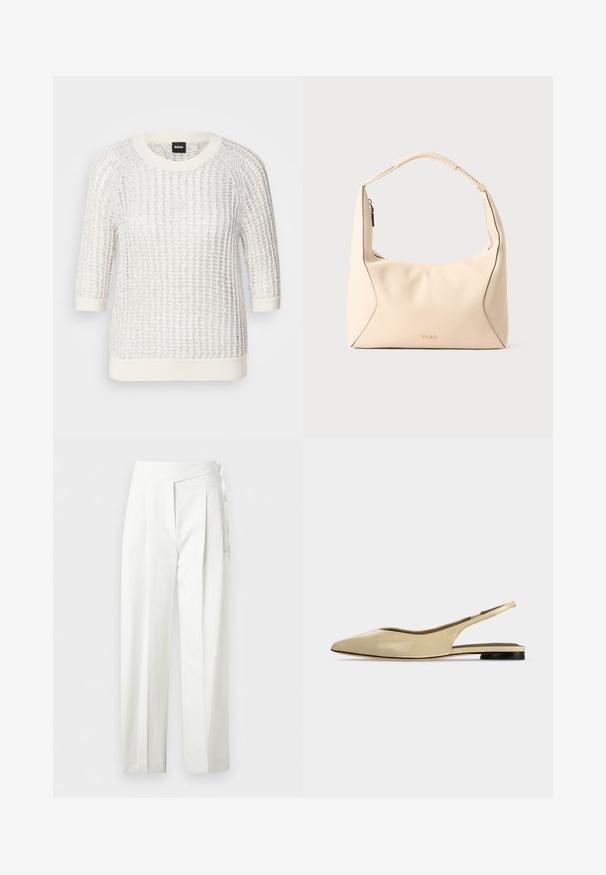 Pull en maille blanc texturé avec un motif tricoté, encolure ronde, manches trois-quarts, et bords côtes contrastés aux poignets et à l'ourlet. Étiquette de marque : BOSS.; Pantalon blanc taille haute avec plis et détail de nœud sur le côté, coupe droite et fermeture cachée.; Chaussure plate beige à bout pointu avec bride arrière, petit talon noir et finition en cuir lisse, vue de côté sur un fond uni.; Sac à main en cuir couleur crème avec poignée tressée et fermeture éclair dorée, avec un logo "HUGO" embossé subtil au centre avant.