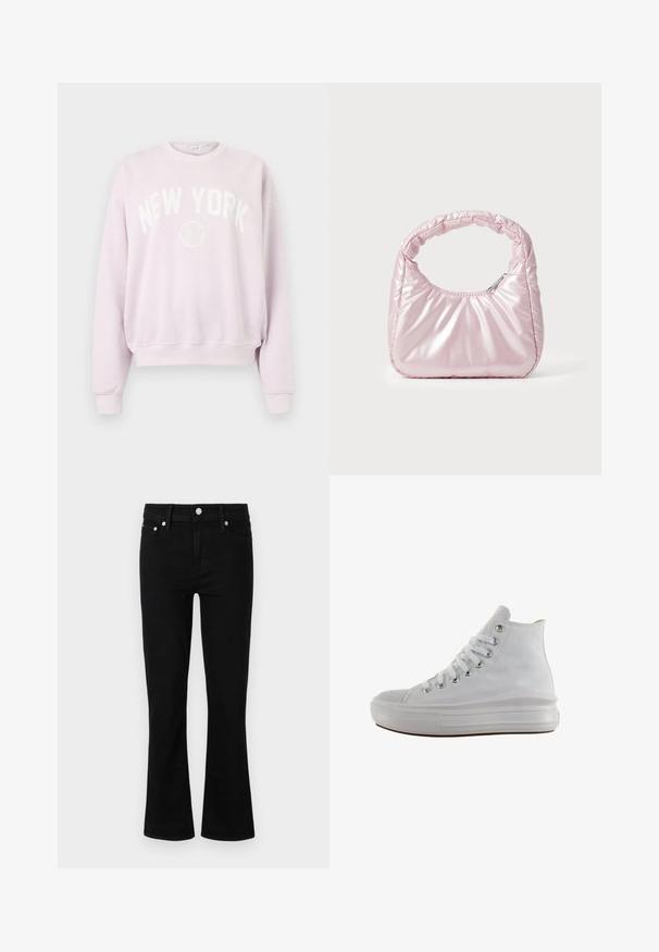 Good American BRUSHED GRAPHIC CREW NEW YORK - Sudadera - candy pink; Jeans de mezclilla negra acampanados con cintura ajustada, diseño de cinco bolsillos y detalles en metal plateado, con una textura suave y longitud estándar.; Zapatilla de lona blanca de caña alta con cordones blancos, ojales metálicos, suela gruesa de goma y puntera texturizada, mirando hacia la izquierda sobre un fondo blanco.; Bolso de mano acolchado en color rosa con un diseño redondeado, fabricado en material brillante. Presenta un asa fruncida y un cierre de cremallera para un acceso seguro.