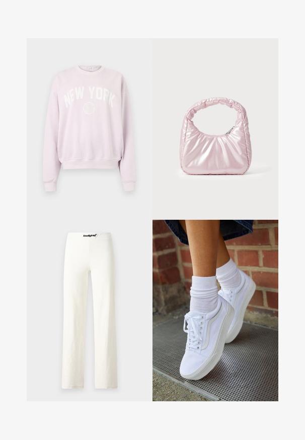 Good American BRUSHED GRAPHIC CREW NEW YORK - Sweatshirt - candy pink; Pantalons larges en coton blanc avec une texture lisse, présentant une taille avec un logo noir et un design simple et minimaliste.; Baskets en toile blanches avec semelles en caoutchouc, dotées de six œillets, d'un bout rond et de détails de couture légers, portées avec des chaussettes blanches mi-mollet.; Sac à main rose rembourré avec un design arrondi, fabriqué à partir d'un matériau brillant. Dispose d'une poignée froncée et d'une fermeture éclair pour un accès sécurisé.