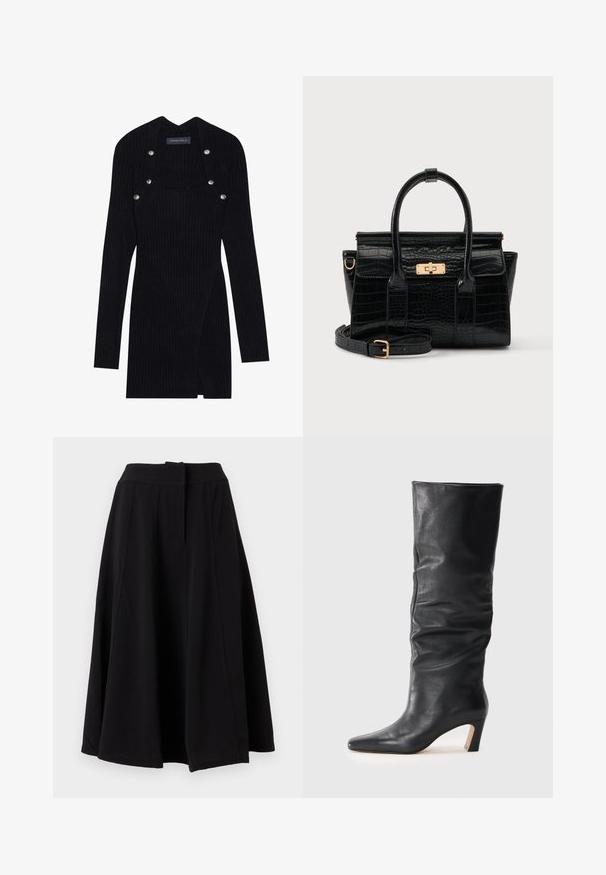 Zwarte geribde lange mouw jurk met een getailleerd silhouet. Bevat een vierkante halslijn en zilveren drukknoopaccenten op de schouder.; Zwarte A-lijn midi-rok met brede tailleband en zichtbare verticale naaddetails, getoond tegen een effen achtergrond.; Zwarte leren enkellaars met hak, met een lichtjes slappende schacht en een puntige neus, op een lichte achtergrond.; Zwarte handtas met krokodillenstructuur, twee handvatten, een afneembare riem en een goudkleurige rechthoekige sluiting op de voorklep.