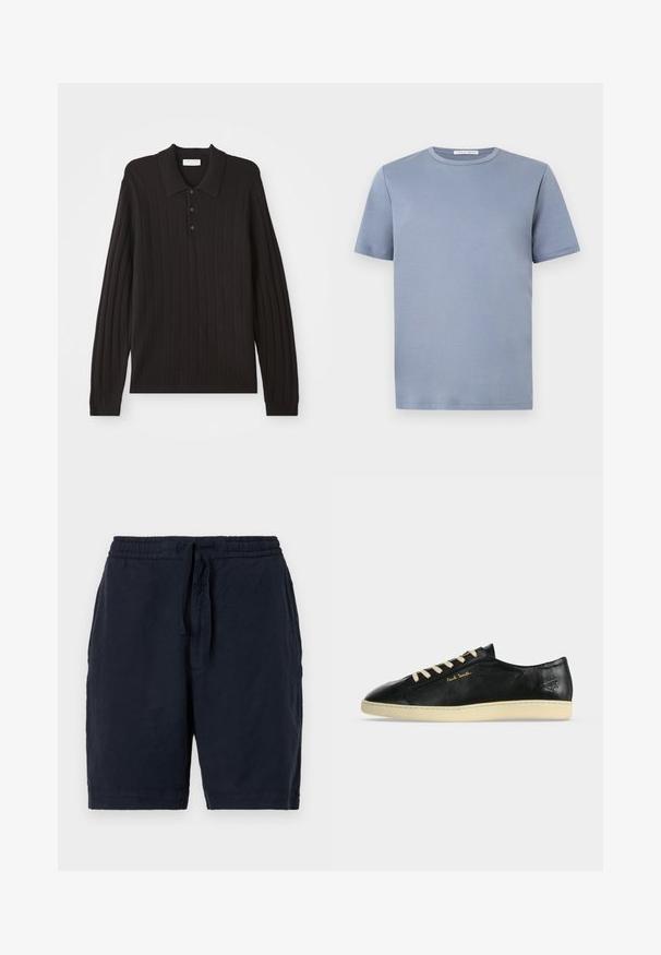 Must svart pikk-sleeve polo särk, millel on ribakujuline tekstuur, klassikaline krae ja kolm nupuvajutust. Pehme kangas ja fikseeritud disain.; Hele sinine lühikeste varrukatega puuvillane T-särk, millel on lihtne disain ja kaeluse sees nähtav brändi sildike.; Tumesinine linased lühikesed püksid, millel on elastne vöökoht ja nöör, omades mugavat lõiget ning kergelt tekstureeritud pinnat.; Mustad madala säärega nahast tossud kreemja tallaga ja paeltega, kuldne "Paul Smith" logo küljel ning reljeefne märk kanna lähedal.