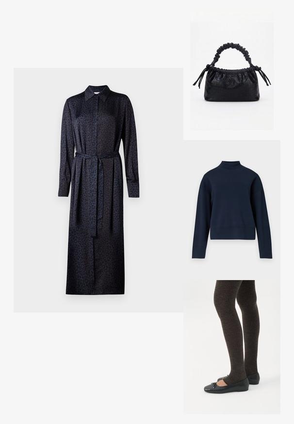 Mørkeblå turtleneck sweater med afslappet pasform, lange ærmer og ribbet krave og kant; lavet af blødt, struktureret strikkemateriale.; Pletteret kjole i mørkeblå og sort, med krave, lange ærmer, knaplukning og et matchende bælte af samme stof i taljen.; Ben iført mørke ribbede leggings kombineret med sorte balletsko med små sløjfedetaljer på hvid baggrund.; Sort taske med krokodilletekstur, rynket øverste kant, samlet hank og snore med kvaster på hver side mod en hvid baggrund.