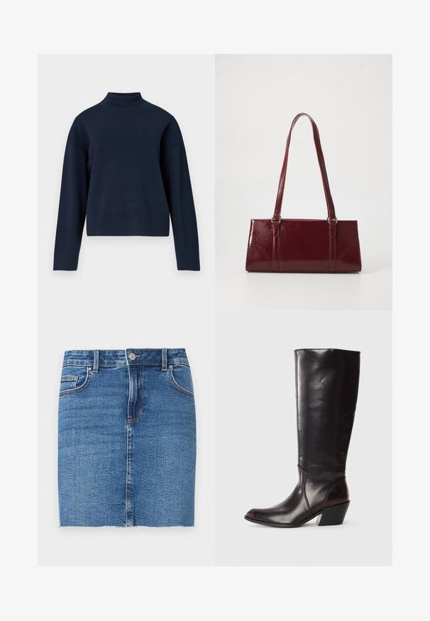 Pull roulé bleu marine avec une coupe décontractée, manches longues et col et ourlet côtelés ; fabriqué en matériau tricoté doux et texturé.; Mini-jupe en denim bleu avec fermeture avant à boutons et zip, poches avant et poche monnaie, et ourlet brut.; Botte en cuir brun foncé, à hauteur de genou, avec un bout pointu, un talon bloc angulaire et une texture lisse et brillante. Présente un design épuré et des détails de couture.; Sac à main bordeaux en matériau brillant, de forme rectangulaire, avec deux anses et des accents légèrement courbés à l'avant.