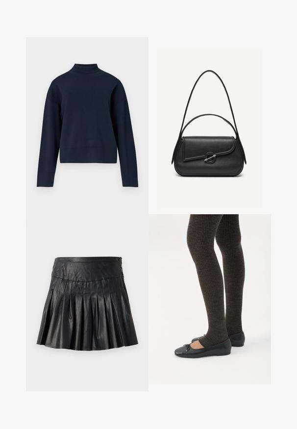 Mørkeblå turtleneck sweater med afslappet pasform, lange ærmer og ribbet krave og kant; lavet af blødt, struktureret strikkemateriale.; Sort plisseret mininederdel i kunstlæder med bred linning og knapdetaljer på højre side, vist på en ensfarvet baggrund.; Ben iført mørke ribbede leggings kombineret med sorte balletsko med små sløjfedetaljer på hvid baggrund.; Sort læderhåndtaske med afrundede kanter, asymmetrisk klap, metalcirkulært spænde samt både korte og lange skulderstropper.