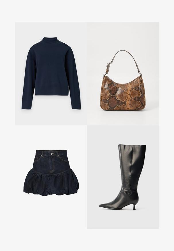Navyblauwe coltrui met een relaxte pasvorm, lange mouwen en ribgebreide kraag en zoom; gemaakt van zacht, tekstuurlijk breimateriaal.; Donkerdenimrok met een getailleerde taille en een verzamelde, puffy geplooide onderkant. Voorzien van voorzakken en een metalen knoopsluiting.; Zwarte leren kniehoge laars met puntige neus en lage kittenhak, weergegeven op een effen lichte achtergrond.; Kleine handtas met een bruin en zwart slangenprintpatroon, korte verstelbare schouderriem en ritssluiting.