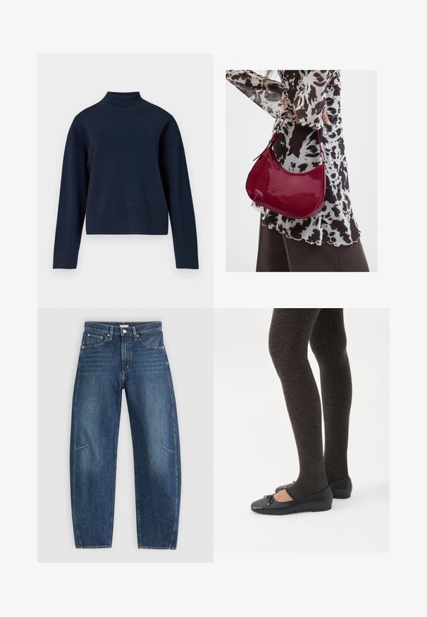 Navyblauwe coltrui met een relaxte pasvorm, lange mouwen en ribgebreide kraag en zoom; gemaakt van zacht, tekstuurlijk breimateriaal.; Donkerblauwe denim jeans met een recht afgesneden ontwerp, voorzien van voorzakken, contrasterende stiksels en een subtiele vervaagde textuur op de broekspijpen.; Benen met donkere geribbelde leggings gecombineerd met zwarte ballerina's met kleine strikdetails op een witte achtergrond.; Vrouw met een zwart-wit gebloemde blouse houdt een glanzende rode schoudertas vast tegen een effen achtergrond.