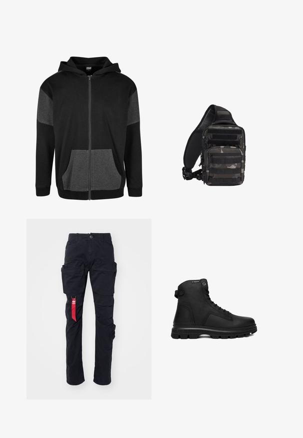 Sort zip-up hættetrøje med grå detaljer. Blødt materiale, forlommer og hætte med snor. Enkle, rene linjer og moderne design.; Sorte cargo-bukser med flere sidelommer, bæltestrop og et rødt mærke på venstre side. Fremstillet af slidstærkt bomuldsstof.; Sort højtopstøvle i læder med tyk, mønstret sål, snørelukning foran og G-Star logo nær anklen på hvid baggrund.; Kompakt sort og gråt kamouflagemønster taktisk skuldertaske med flere lynlåslommer og justerbar polstret skulderrem.