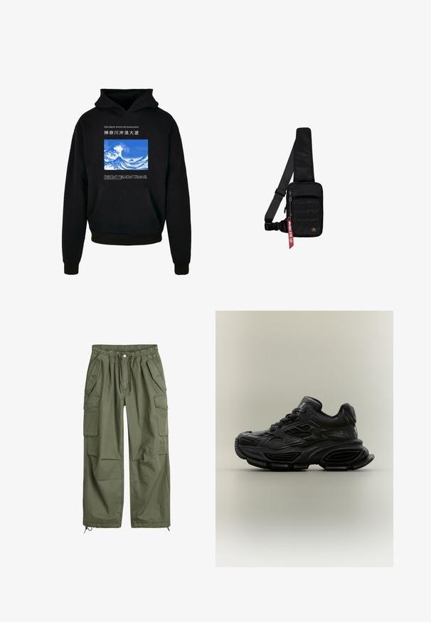 Sudadera negra con un bolsillo frontal. Presenta un gráfico de olas en azul y blanco con texto arriba y abajo. Hecha de tela suave, con puños y dobladillo de canalé.; Pantalones cargo verde oliva con cinturilla elástica, cordón, múltiples bolsillos laterales y puños ajustados. Hechos de un material de algodón duradero.; Zapatilla deportiva negra y gruesa con diseño texturizado, suela gruesa y cierre de cordones mostrada sobre un fondo neutro y sencillo.; Bolso bandolera negro hecho de tela texturizada. Cuenta con un compartimento principal con cremallera, bolsillo delantero con cinta, correa ajustable y una etiqueta decorativa.