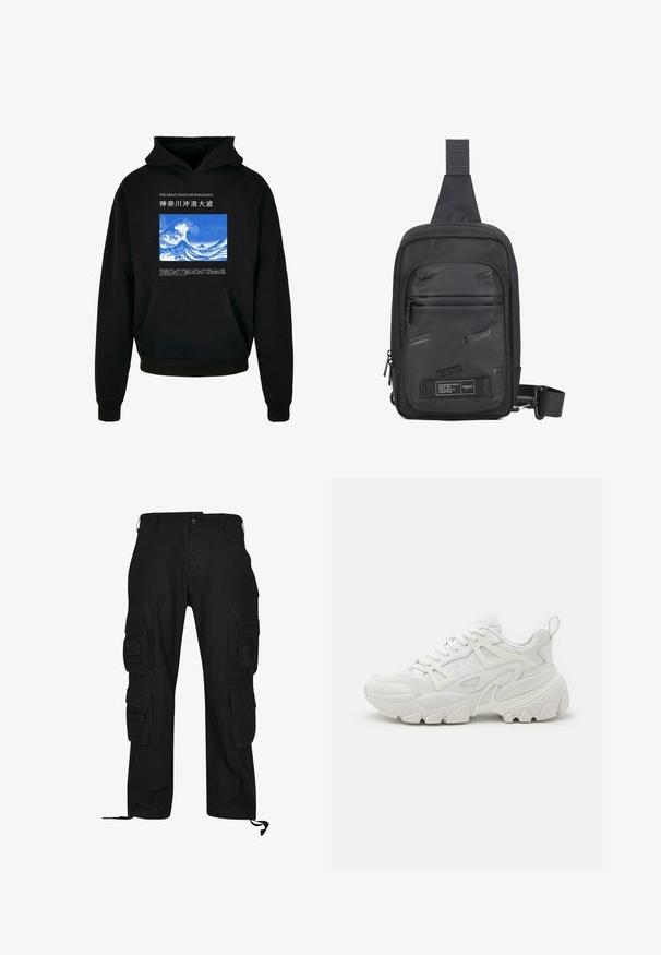 Zwarte hoodie met een voorzak. Heeft een grafisch ontwerp van een blauwe en witte golf met tekst erboven en eronder. Gemaakt van zachte stof, met ribgebreide manchetten en zoom.; Zwarte cargobroek van duurzaam materiaal, met meerdere zijzakken, een relaxed fit en verstelbare enkelbanden.; Witte sportieve sneakers met een gestructureerde bovenkant, mesh panelen, een opvallende rubberen zool en decoratieve uitsparingen aan de zijkanten.; Zwarte schoudertas gemaakt van duurzaam materiaal, met een gladde voorpaneel met reliëflogo's, een verstelbare schouderband en ritssluitingen.
