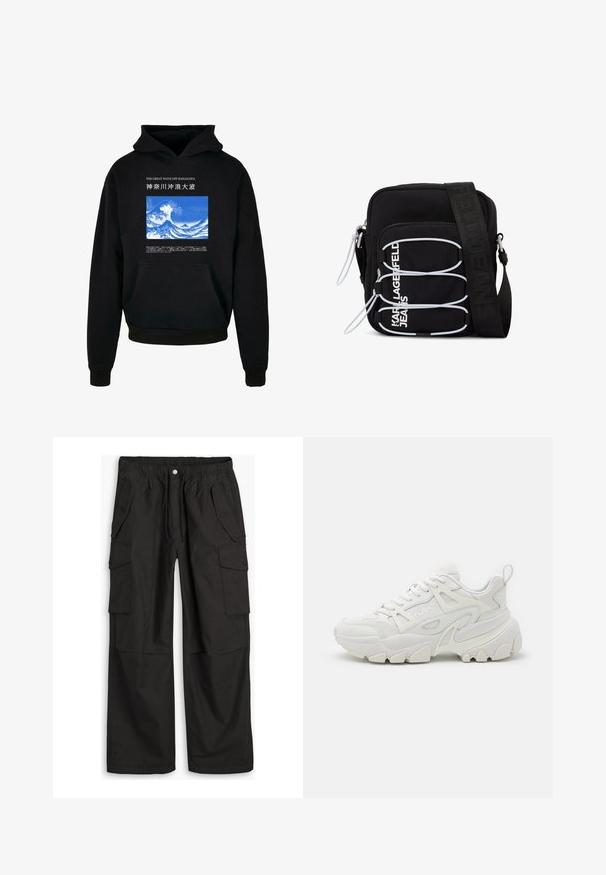 Sweat à capuche noir avec une poche avant. Présente un graphique de vagues bleues et blanches avec du texte au-dessus et en dessous. Fabriqué en tissu doux, avec des poignets et un ourlet côtelés.; Pantalons cargo noirs avec taille élastique, fermeture à bouton et fermeture éclair, et plusieurs poches à rabat avec boutons à l'avant et sur les côtés.; Des baskets de sport blanches avec une tige texturée, des panneaux en maille, une semelle en caoutchouc proéminente et des découpes décoratives sur les côtés.; Sac bandoulière noir avec boucles élastiques blanches, tirettes de fermeture éclair, et texte blanc "KARL LAGERFELD JEANS" sur la poche avant.