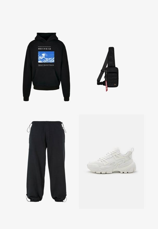 Sort hættetrøje med en frontlomme. Har et blåt og hvidt bølgedesign med tekst ovenfor og nedenfor. Fremstillet af blødt stof, ribbede manchetter og nederkant.; Sorte sweatpants lavet af blødt stof, med en løs pasform, elastiske manchetter og snøre i taljen til justerbar størrelse.; Hvide atletiske sneakers med en struktureret overdel, netpaneler, fremtrædende gummisål og dekorative udsparinger på siden.; Sort skuldertaske lavet af tekstureret stof. Har et lynlåslukket hovedrum, forlom med webbing, justerbar rem og et dekorativt mærke.