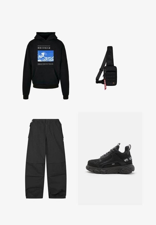 Sudadera negra con un bolsillo frontal. Presenta un gráfico de olas en azul y blanco con texto arriba y abajo. Hecha de tela suave, con puños y dobladillo de canalé.; Pantalones de algodón negros con una cintura elástica, dos bolsillos laterales y un corte relajado. Presenta costuras y un diseño minimalista.; Zapatillas negras con suela gruesa, parte superior de malla y ante, diseño de cordones y acentos de logo. Detalles texturizados en los lados y la parte posterior.; Bolso bandolera negro hecho de tela texturizada. Cuenta con un compartimento principal con cremallera, bolsillo delantero con cinta, correa ajustable y una etiqueta decorativa.