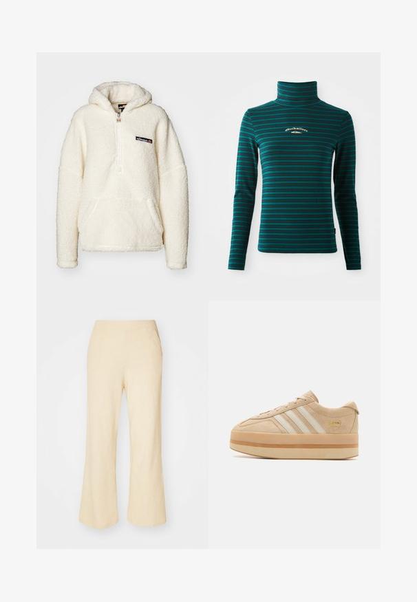 Ellesse ZEPPY - Sweat à capuche - off white; Top à manches longues et col roulé en teal avec des rayures horizontales bleu foncé. Présente un petit logo blanc et doré sur la poitrine. Tissu doux et extensible.; Pantalons large en beige clair avec un tissu texturé, dotés d'une taille élastique et de deux poches latérales.; Baskets plates en suède beige avec trois bandes blanches, bout rond et semelle en caoutchouc beige arborant un accent logo doré sur le côté.
