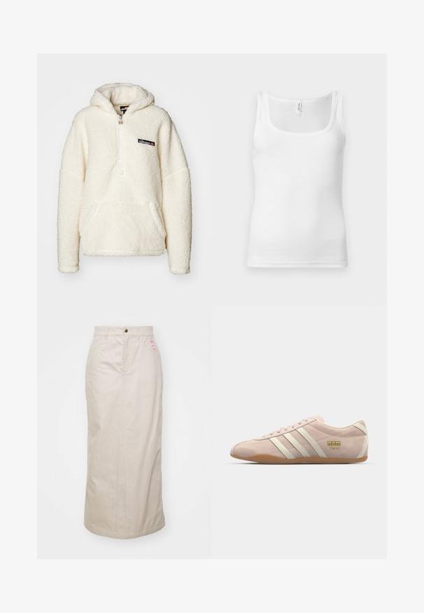 Ellesse ZEPPY - Mikina s kapucňou - off white; Biele bavlnené tielko s výstrihom na okrúhlo, úzkymi ramienkami a priliehavým strihom. Hladká textúra a minimalistický štýl.; Béžová sukňa s pruhmi a vysokým pásom, skrytý zips a kovové zapínanie na gombík. Obsahuje malú značkovú etiketu na prednej strane.; adidas Originals TOKYO - Tenisky - quartz/off white