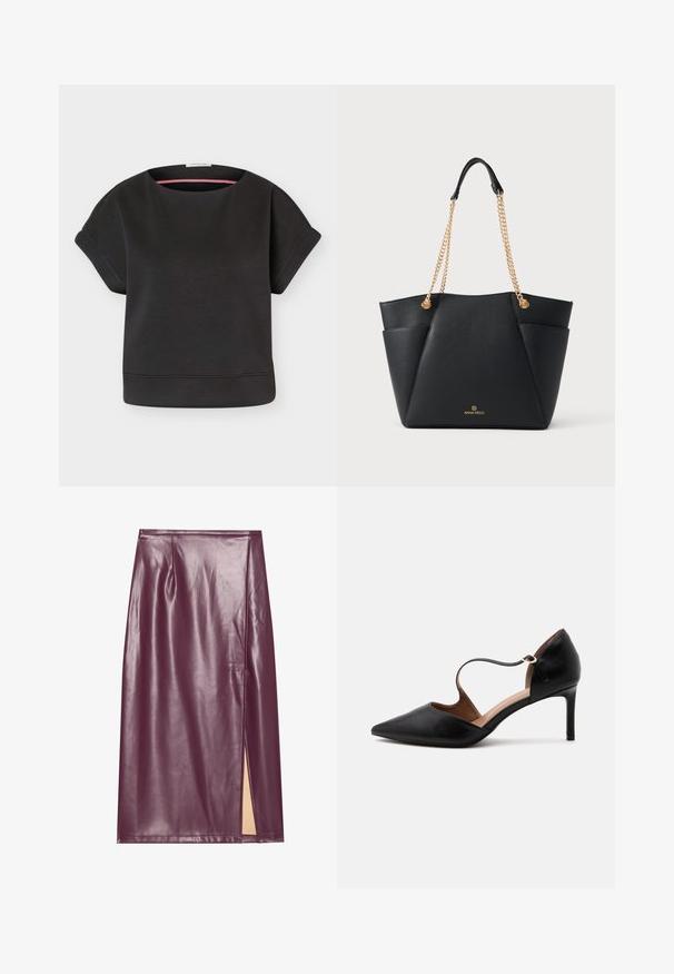 Haut noir à manches courtes, coupe ample, avec poignets retroussés et large encolure ronde, présenté sur un fond clair uni.; Jupe crayon en simili cuir bourgogne avec une fente sur le côté, texture lisse et détails de couture, présentant une silhouette ajustée et une coupe à la longueur des genoux.; Chaussure à talon haut en cuir noir à bout pointu avec une fine bride à la cheville et un talon stiletto de hauteur moyenne sur fond blanc.; Sac fourre-tout en simili cuir noir avec un design géométrique, des poignées en chaîne dorée et un logo embossé à l'avant. Texture lisse avec une forme structurée.