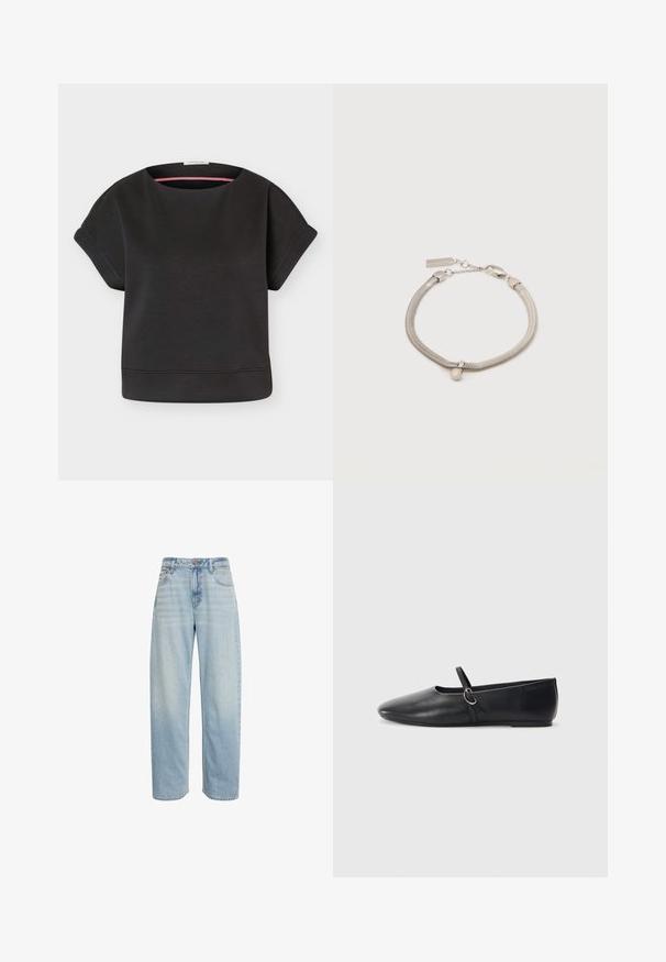 Haut noir à manches courtes, coupe ample, avec poignets retroussés et large encolure ronde, présenté sur un fond clair uni.; Jean bleu clair taille haute, coupe droite, avec cinq poches et fermeture par bouton, présenté sur fond blanc.; Ballerines noires en cuir avec un bout pointu, une semelle plate et une petite sangle avec un détail de boucle en argent.; Bracelet en chaîne serpent argentée avec un petit pendentif sphérique et une fermeture à ressort, sur fond blanc.