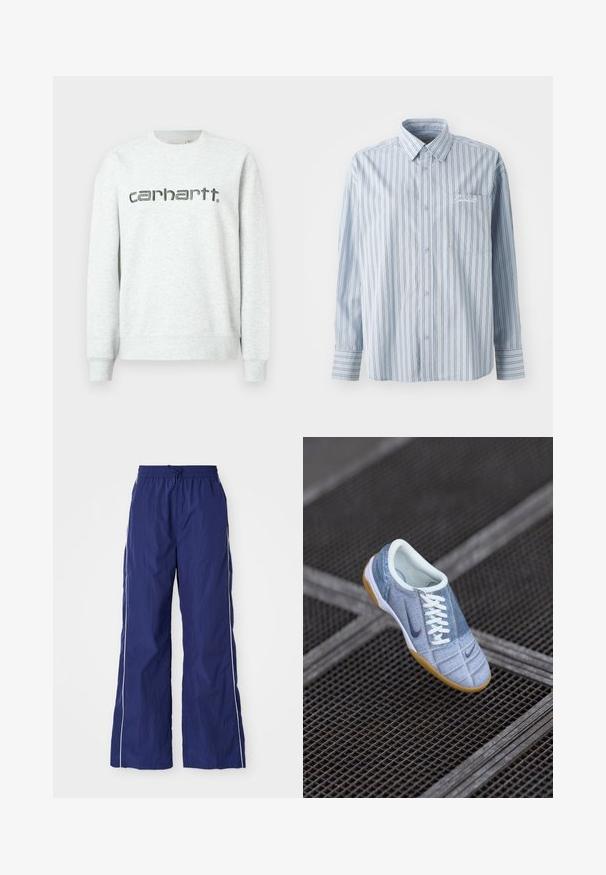 Hellgraues Sweatshirt mit Rundhalsausschnitt, gerippten Bündchen und Saum. Mit dem "carhartt."-Logo in Dunkelgrau auf der Vorderseite bedruckt.; Helles blaues Langarm-Hemd mit weißen und dunklen vertikalen Streifen sowie einer Brusttasche mit weißer Schriftstickerei.; Marineblaue, leichte, weit geschnittene Hose mit elastischem Bund und Kordelzug, mit weißen seitlichen Streifen und einer zerknitterten Textur.; Helle blaue Jeans-Sneaker mit weißen Schnürsenkeln und dunkelblauen Akzenten, mit runder Zehenpartie und einer Sohle aus Gummi. Texturierte Oberfläche mit stitchedetails.