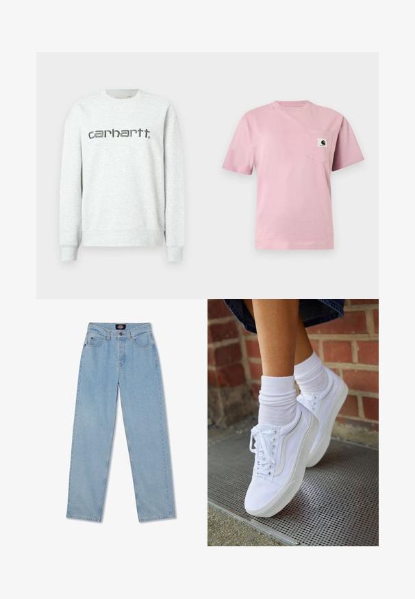 Lichtgrijze sweatshirt met ronde hals, ribgebreide manchetten en zoom. Bevat het "carhartt." logo in donkergrijs gedrukt over de voorkant.; Lichtroze T-shirt met korte mouwen en een borstzakje aan de linkerkant met een klein Carhartt-logo.; Lichtblauwe denim jeans met een rechte snit, vijf zakken, knoopsluiting en subtiele wassing aan de voorkant.; Witte canvas sneakers met rubberen zolen, voorzien van zes vetertjes, een ronde neus en lichte stikdetails, gecombineerd met witte enkelsokken.