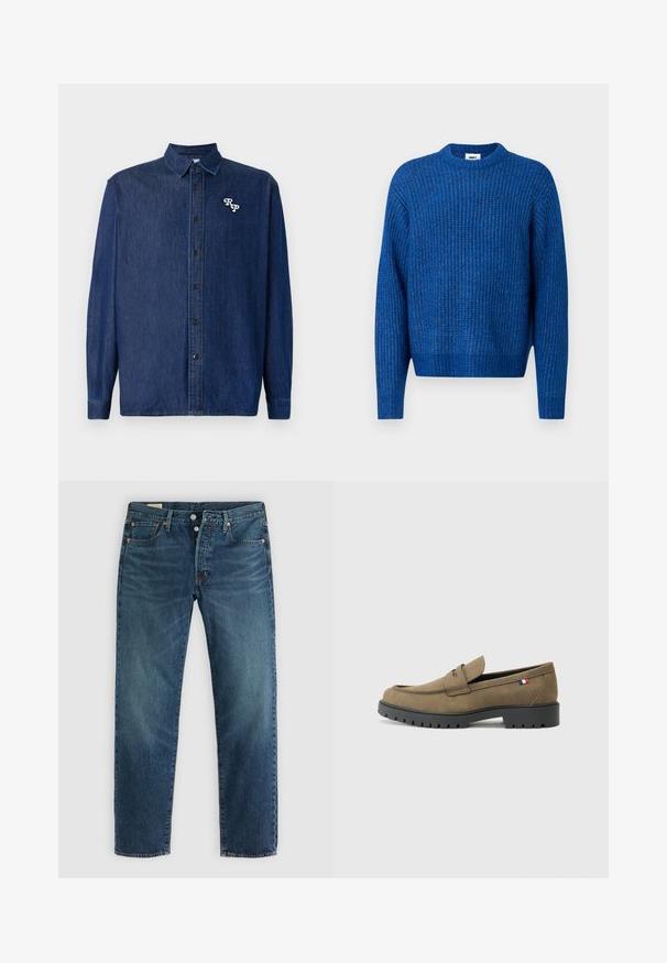 Blå strikket trøje med ribstrikket tekstur, rund halsudskæring og lange ærmer. Har et diskret logo og en afslappet pasform.; Mørkeblå denimskjorte med knappelukning foran, lange ærmer og spids krave. Har en hvid broderet "RP"-logo.; Blå denim jeans med lige ben, der har fem lommer, en klassisk knaplukning og subtil udblegning for tekstur.; Brune ruskind loafers med rund tå, sort gummi sål og dekorativ syning. Har en lille rød, hvid og blå flagdetalje.