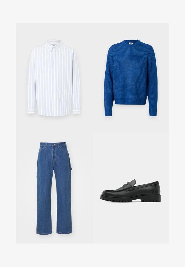 Pull en maille bleu avec texture côtelée, encolure ronde et manches longues. Présente un logo discret et une coupe décontractée.; Chemise à manches longues rayée bleu clair et blanc, col boutonné, tissu en coton, avec un petit logo sur la poitrine, coupe droite.; Jeans en denim bleu avec une coupe décontractée et une jambe droite, comprenant des poches avant et arrière et une fermeture à bouton à la taille.; Mocassins en cuir noir à bout arrondi, avec un design cousu, une semelle plateforme basse et une semelle en caoutchouc texturée et crantée.