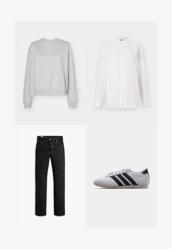Hellgrauer Sweatshirt mit klassischem Rundhalsausschnitt, angeschnittenen Schultern und gerippten Bündchen und Saum. Weicher Stoff und lockere Passform.; Weißes Hemd mit Knöpfen aus glattem Stoff. Es hat einen klassischen Kragen, lange Ärmel und einen geraden Schnitt ohne sichtbare Muster oder Verzierungen.; Schwarze Denim-Jeans mit geradem Schnitt, Fünf-Taschen-Design und Knopfverschluss. Mit Kupfennieten und Nähtelementen.; Graue Sportschuhe mit einer glatten Lederoberfläche, ausgestattet mit drei schwarzen Streifen, einer abgerundeten Zehenpartie und einer Sohle aus Gummi.