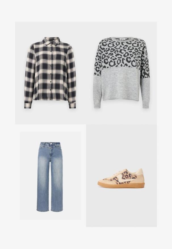 Suéter gris con un diseño de estampado de leopardo en gris oscuro. Presenta un escote redondo y mangas largas, confeccionado en un material suave y texturizado.; Camisa de cuadros de manga larga en azul marino, blanco y beige. Presenta un cuello estándar, cierre frontal con botones y una tela suave con un patrón de cuadros.; Vaqueros de pierna ancha de tiro alto en azul claro con lavado descolorido, botón frontal, cremallera y diseño clásico de cinco bolsillos.; Zapatillas de leopardo con parte superior de ante beige, suela de goma marrón y acentos blancos. Punta redonda y diseño con cordones con un acabado texturado.