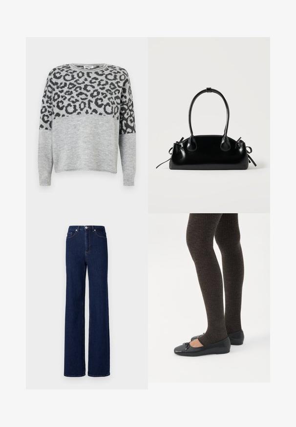 Grå sweater med leopardprintdesign i mørkegrå. Har rund halsudskæring og lange ærmer, lavet af et blødt, struktureret materiale.; Mørkeblå denim jeans med høj talje, bred benudskæring og klassisk fem-pocket design. Afsluttet med kontrastsyning og en metalknap.; Ben iført mørke ribbede leggings kombineret med sorte balletsko med små sløjfedetaljer på hvid baggrund.; Lille sort blank håndtaske med to lange håndtag og snøre-detaljer i siden på en ensfarvet lys baggrund.