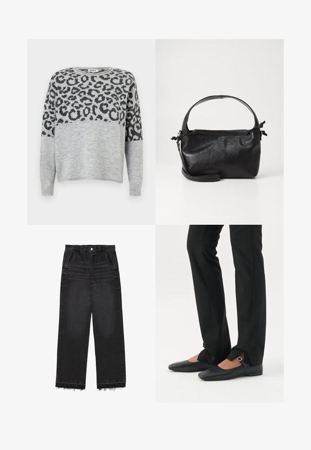 Gray sweater with a leopard print design in dark gray. Features a round neckline and long sleeves, constructed from a soft, textured material.; Black denim trousers with a straight leg design. Features a high waist, frayed hem, and subtle faded texture throughout. Front pockets included.; Legs wearing black slim pants with front slits at the hem paired with black flat Mary Jane shoes featuring a small buckle strap.; Black leather handbag with a structured design, rounded top handle, and detachable shoulder strap. Features a smooth texture and subtle sheen.