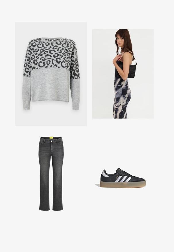Suéter gris con un diseño de estampado de leopardo en gris oscuro. Presenta un escote redondo y mangas largas, confeccionado en un material suave y texturizado.; Jeans de denim gris oscuro con diseño de pierna recta, estilo de cinco bolsillos y etiqueta de marca amarilla en la cinturilla. Cierre de botón metálico.; Zapatilla deportiva de cuero negro con tres rayas plateadas, punta texturizada y suela de goma. Cuenta con un collar acolchado y un diseño con cordones.; Bolso de hombro negro acolchado con una sola correa y herrajes plateados, combinado con un vestido ajustado de patrón tie-dye en tonos de negro y crema.