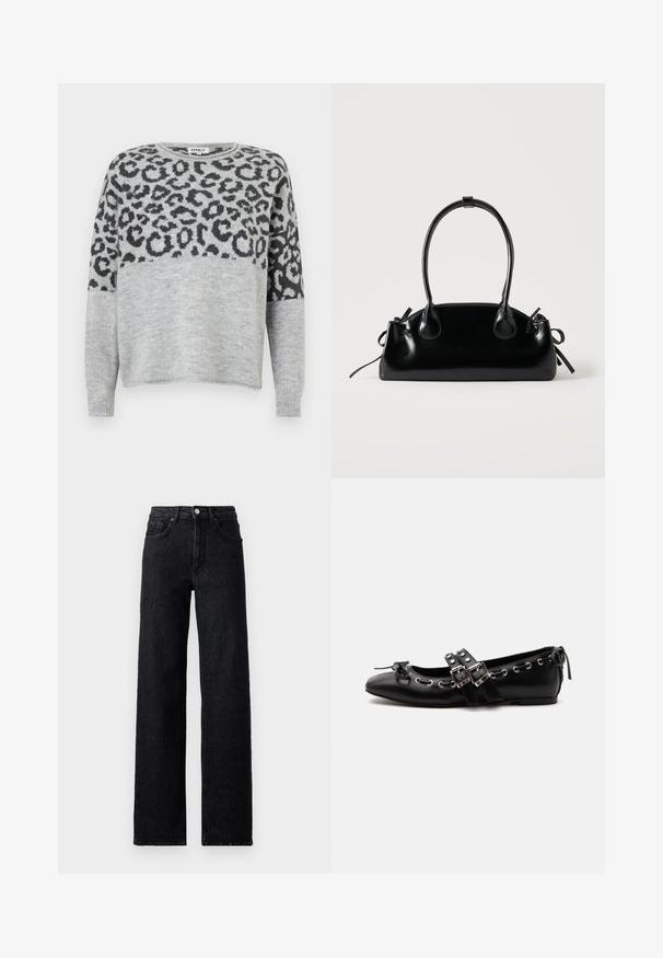 Pull en gris avec un motif léopard en gris foncé. Il a un col rond et des manches longues, confectionné dans un matériau doux et texturé.; Jean en denim noir taille haute avec fermeture à bouton et à glissière, poches avant et arrière, et coupe droite.; Chaussure de ballet plate noire avec doubles brides à boucle, œillets argentés et petit nœud près de l’orteil arrondi sur fond blanc.; Petit sac à main noir brillant avec deux longues anses et des détails à cordon sur les côtés sur un fond clair uni.