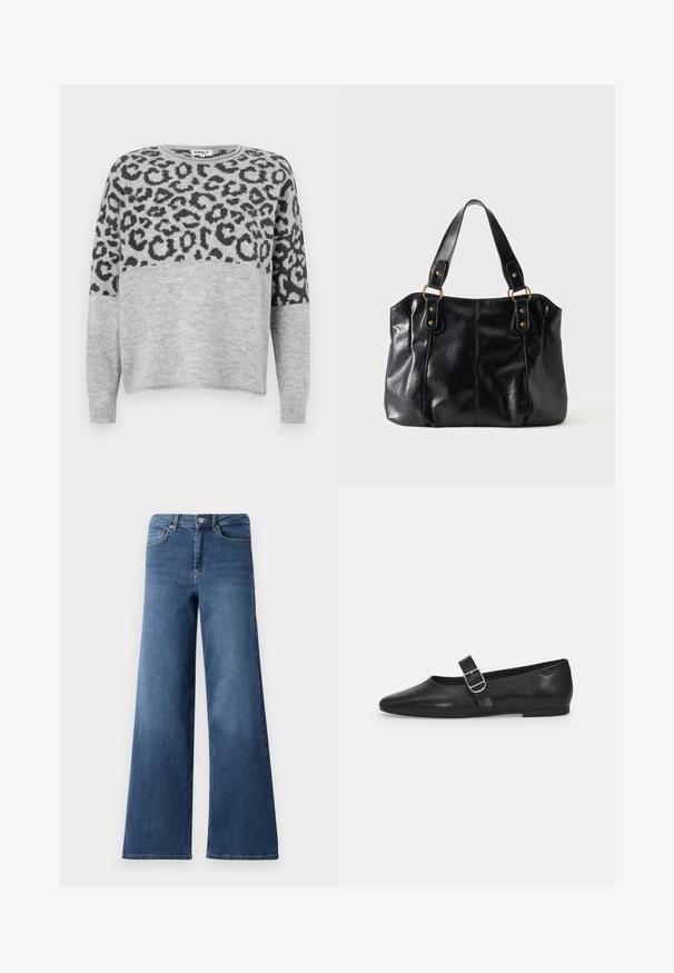 Grau gestreifter Pullover mit einem Leopardenmuster in Dunkelgrau. Verfügt über einen runden Halsausschnitt und lange Ärmel, aus einem weichen, strukturierten Material gefertigt.; Breite, blaue Jeans mit weitem Bein, die einen normalen Bund, Vorderaschen und eine glatte Textur aufweisen. Keine sichtbaren Muster oder Verzierungen.; Schwarzer Lederflatschuh mit runder Zehenform, einem verstellbaren Schnallenriemen und einer glatten, glänzenden Oberfläche. Minimalistisches Design mit einem niedrigen Absatz.; Schwarze Leder-Schultertasche mit doppelten Trägern, befestigt durch goldene Ringe und Nieten, glatte und leicht glänzende Oberfläche, schlichtes Design.