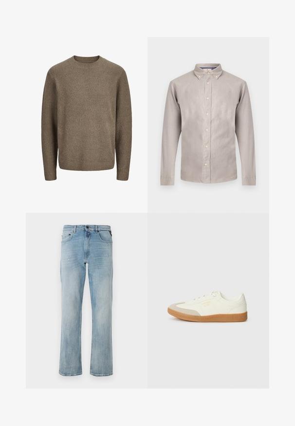 Pull en laine marron à manches longues avec poignets, ourlet et encolure ras-du-cou côtelés.; Chemise à manches longues boutonnée de couleur gris clair avec un col, comportant des boutons beiges et une texture lisse. Le design inclut une coupe classique et un style simple.; Jean en denim bleu clair à coupe décontractée, mettant en avant des détails légèrement usés et un design classique à cinq poches.; Baskets en cuir blanc avec une coque beige et une semelle en caoutchouc marron clair. Dotées de lacets blancs plats et d'un logo embossé sur le côté.