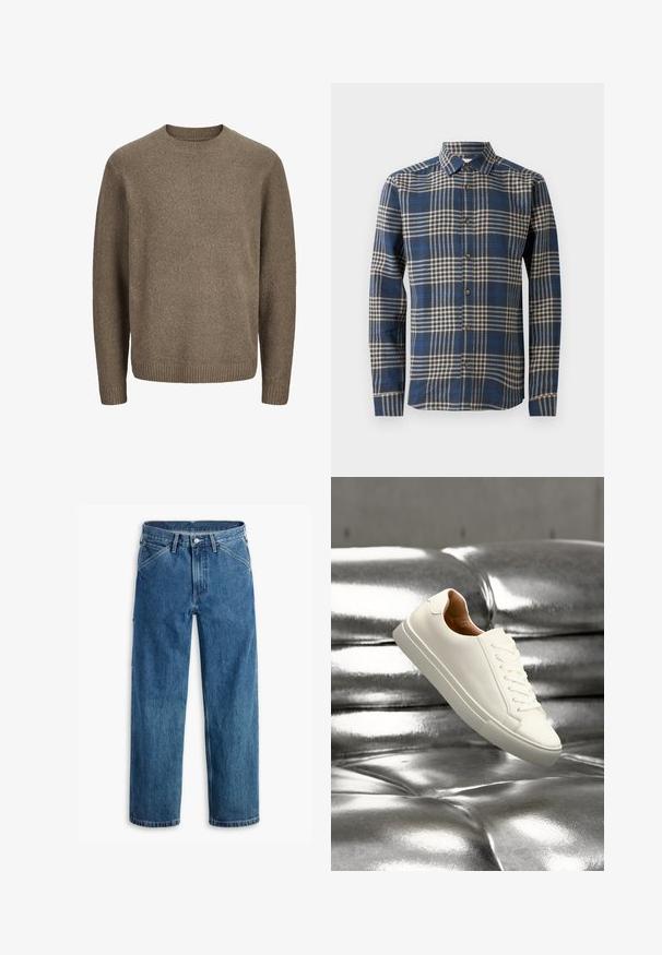 Brun langærmet uldsweater med ribstrikkede manchetter, kant og rund hals.; Blå og beige ternet skjorte med lange ærmer lavet af blødt stof, med knaplukning foran, klassisk krave og dobbeltknappede manchetter.; Blå denim jeans med lige ben, forlommer, bæltestropper, metal knap og lynlås foran på hvid baggrund.; Hvid lavtop-sneaker, der svæver over en skinnende sølv tuftet læderoverflade.