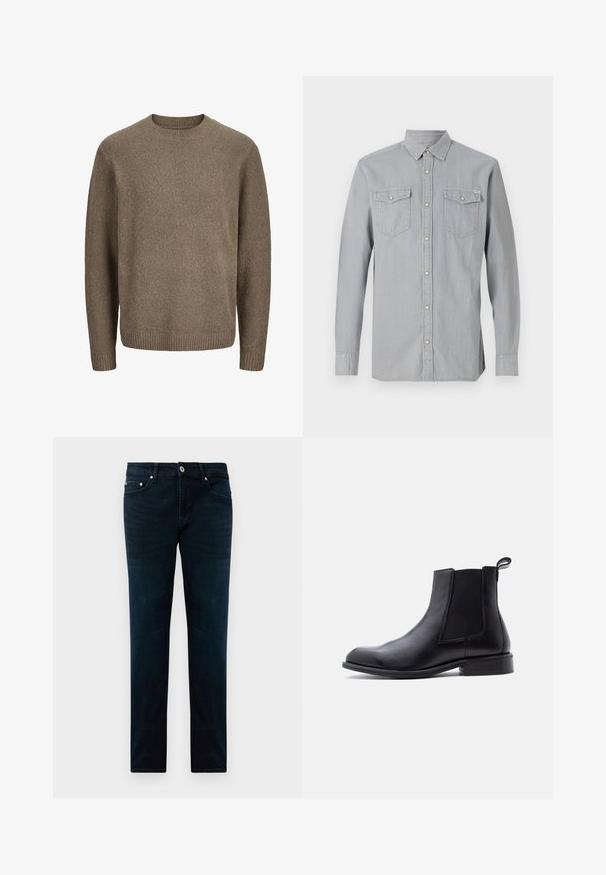Brauner Wollpullover mit langen Ärmeln, gerippten Bündchen, Saum und Rundhalsausschnitt.; Hellgraues langärmliges Jeanshemd mit durchgeknöpfter Front, zwei Brusttaschen mit Klappen und Knöpfen sowie einem spitzen Kragen.; Dunkelblaue Slim-Fit-Jeans mit vorderem Knopf, Reißverschluss, Gürtelschlaufen und fünf Taschen, flach auf einem weißen Hintergrund ausgelegt.; Schwarzer Chelsea-Stiefel aus Leder mit elastischem Seiteneinsatz, Zuglasche an der Ferse, niedrigem Blockabsatz und glatter, abgerundeter Zehenpartie auf weißem Hintergrund.
