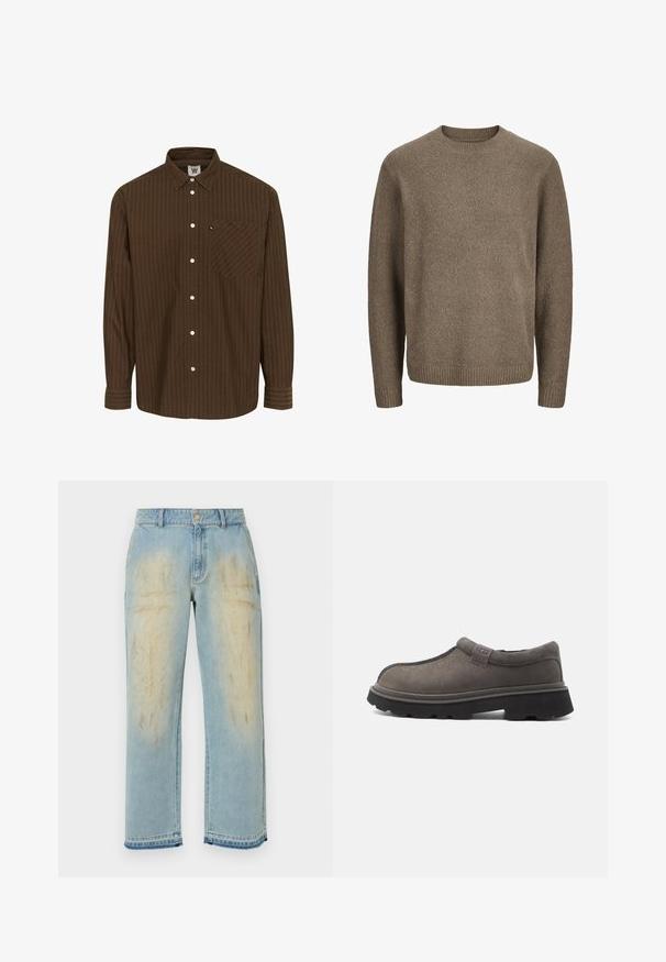 Brun langærmet uldsweater med ribstrikkede manchetter, kant og rund hals.; Brunstribet skjorte med knaplukning, krave, lange ærmer og en brystlomme; har hvide knapper og et tekstureret stof.; Lyseblå straight-leg jeans med falmede, slidte beige pletter på lårene, forlommer, bæltestropper og knaplukning.; Grå slip-on sko med tekstureret overdel, der har en glat tå, en gummisål og en diskret logoaccentside.